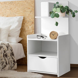 Artiss Bedside Table 1 Drawer with Shelves - EVERMORE White Furniture Kings Warehouse 