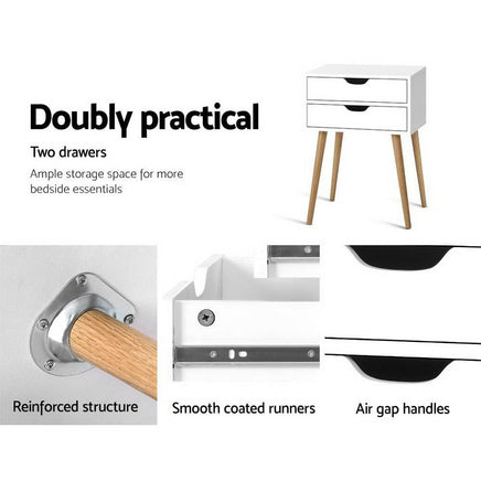 Artiss Bedside Table 2 Drawers - BODIE White Furniture Kings Warehouse 