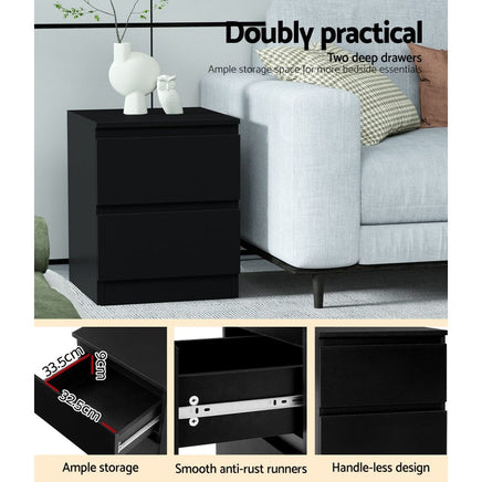 Artiss Bedside Table 2 Drawers - PEPE Black Furniture Kings Warehouse 
