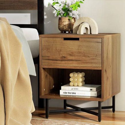 Artiss Bedside Table Drawers Side Table Shelf Storage Nightstand Rust Oak KRAVU Furniture Kings Warehouse 