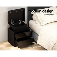 Artiss Bedside Table LED 2 Drawers Lift-up Storage - COLEY Black Furniture Kings Warehouse 