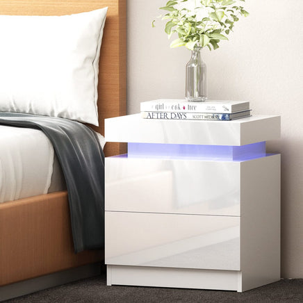 Artiss Bedside Table LED 2 Drawers Lift-up Storage - COLEY White Furniture Kings Warehouse 