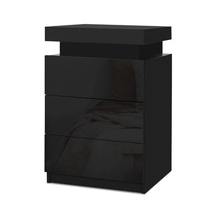 Artiss Bedside Table LED 3 Drawers - COLEY Black Furniture Kings Warehouse 
