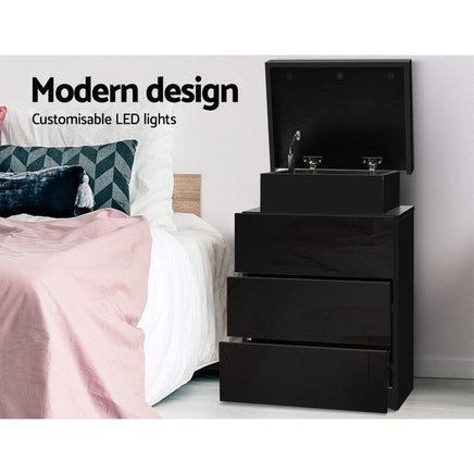 Artiss Bedside Table LED 3 Drawers - COLEY Black Furniture Kings Warehouse 
