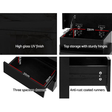 Artiss Bedside Table LED 3 Drawers - COLEY Black Furniture Kings Warehouse 
