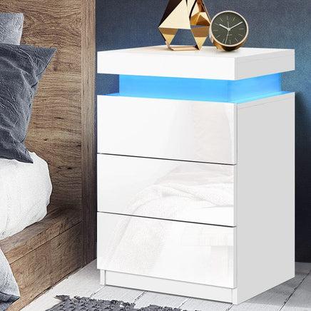 Artiss Bedside Table LED 3 Drawers - COLEY White Furniture Kings Warehouse 