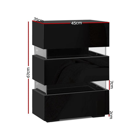 Artiss Bedside Table LED 3 Drawers - LUMI Black Furniture Kings Warehouse 