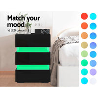 Artiss Bedside Table LED 3 Drawers - LUMI Black Furniture Kings Warehouse 