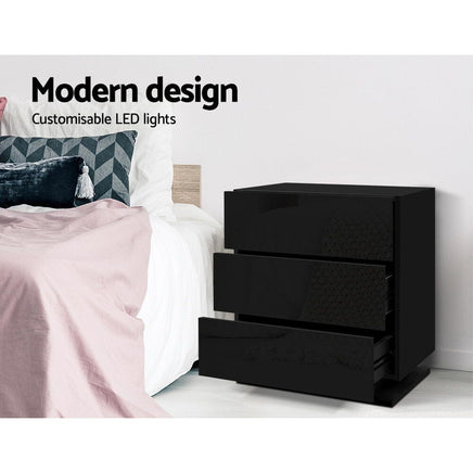 Artiss Bedside Table LED 3 Drawers - MORI Black Furniture Kings Warehouse 