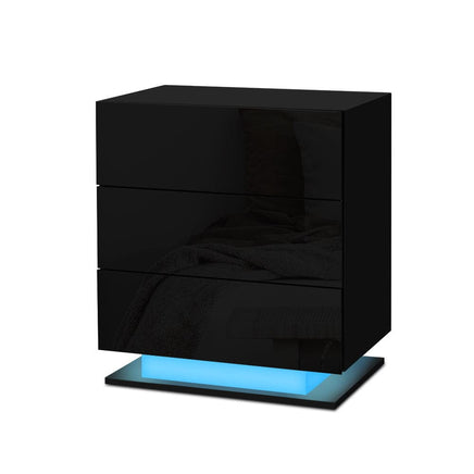 Artiss Bedside Table LED 3 Drawers - MORI Black Furniture Kings Warehouse 