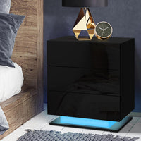 Artiss Bedside Table LED 3 Drawers - MORI Black Furniture Kings Warehouse 