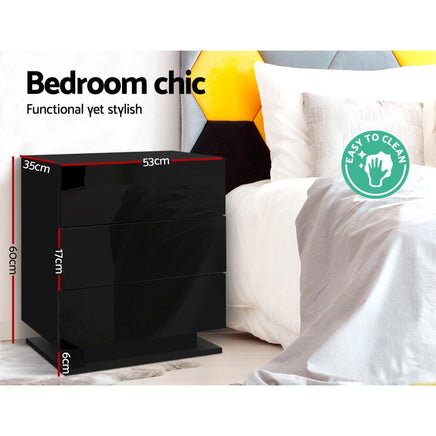 Artiss Bedside Table LED 3 Drawers - MORI Black Furniture Kings Warehouse 