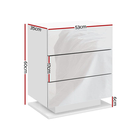 Artiss Bedside Table LED 3 Drawers - MORI White Furniture Kings Warehouse 