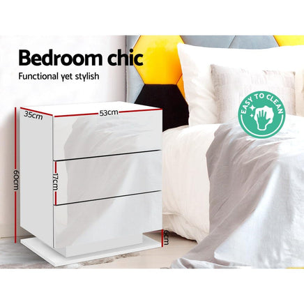 Artiss Bedside Table LED 3 Drawers - MORI White Furniture Kings Warehouse 