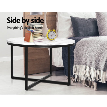 Artiss Coffee Table Round 70CM Marbel Effect Furniture Kings Warehouse 