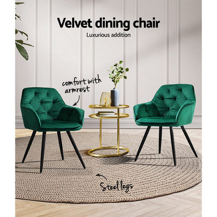 Artiss Dining Chairs Set of 2 Velvet Diamond Tufted Armchair Green Furniture Kings Warehouse 