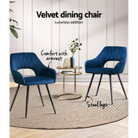 Artiss Dining Chairs Set of 2 Velvet Hollow Armchair Blue Furniture Kings Warehouse 