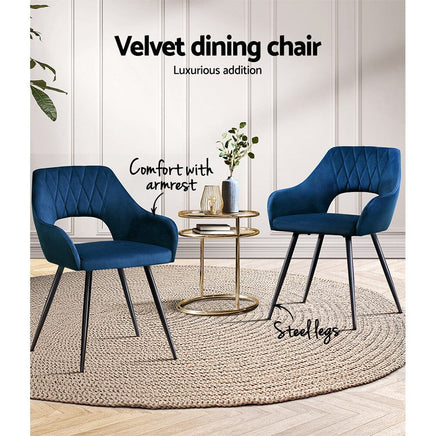 Artiss Dining Chairs Set of 2 Velvet Hollow Armchair Blue Furniture Kings Warehouse 