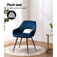 Artiss Dining Chairs Set of 2 Velvet Hollow Armchair Blue Furniture Kings Warehouse 