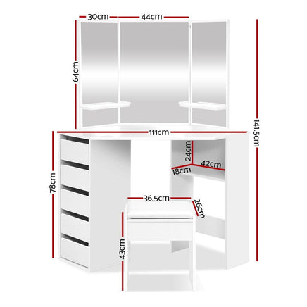 Artiss Dressing Table Stool Set Corner 5 Drawers White Furniture Kings Warehouse 