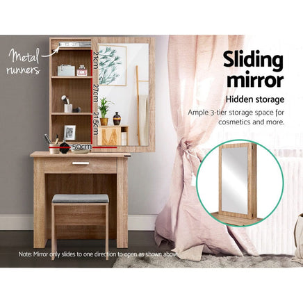 Artiss Dressing Table Stool Set Sliding Mirror Oak Demi Furniture Kings Warehouse 