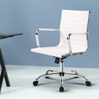 Artiss Office Chair Conference Chairs PU Leather Mid Back White Furniture Kings Warehouse 