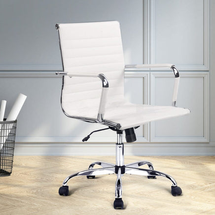 Artiss Office Chair Conference Chairs PU Leather Mid Back White Furniture Kings Warehouse 