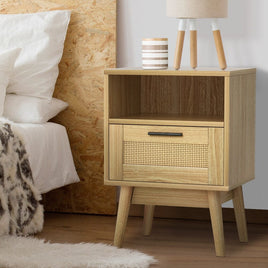 Artiss Rattan Bedside Table 1 Drawer with Shelf - REI Oak Furniture Kings Warehouse 