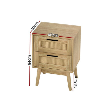 Artiss Rattan Bedside Table 2 Drawers Wood - RIE Oak Furniture Kings Warehouse 