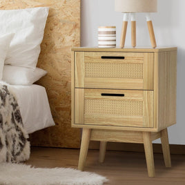 Artiss Rattan Bedside Table 2 Drawers Wood - RIE Oak Furniture Kings Warehouse 