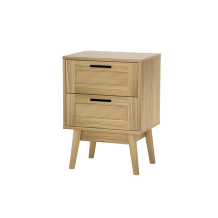 Artiss Rattan Bedside Table 2 Drawers Wood - RIE Oak Furniture Kings Warehouse 