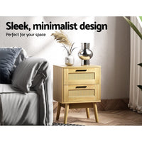 Artiss Rattan Bedside Table 2 Drawers Wood - RIE Oak Furniture Kings Warehouse 