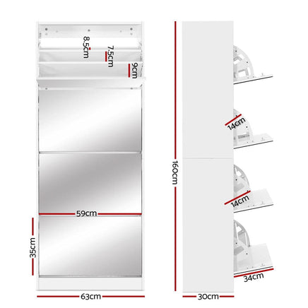 Artiss Shoe Rack Cabinet Mirror 60 Pairs White Rira Furniture Kings Warehouse 