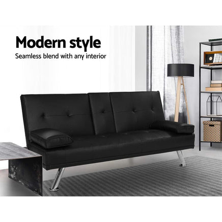 Artiss Sofa Bed 168CM Black PU Leather Furniture Kings Warehouse 