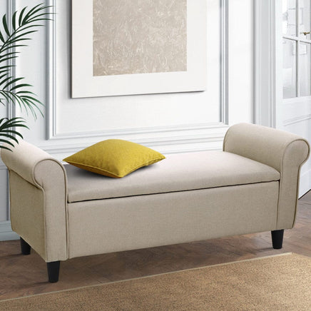 Artiss Storage Ottoman Blanket Box 125cm Arm Linen Taupe Furniture Kings Warehouse 