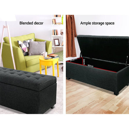 Artiss Storage Ottoman Blanket Box 97cm Linen Charcoal Furniture Kings Warehouse 
