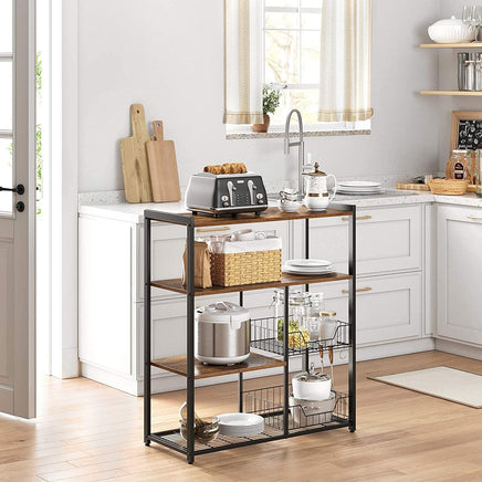 Baker's Rack with 2 Metal Mesh Baskets, Shelves and Hooks, 80 x 35 x 95 cm, Industrial Style, Rustic Brown Furniture Kings Warehouse 