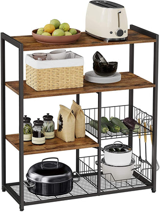 Baker's Rack with 2 Metal Mesh Baskets, Shelves and Hooks, 80 x 35 x 95 cm, Industrial Style, Rustic Brown Furniture Kings Warehouse 