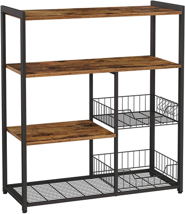 Baker's Rack with 2 Metal Mesh Baskets, Shelves and Hooks, 80 x 35 x 95 cm, Industrial Style, Rustic Brown Furniture Kings Warehouse 