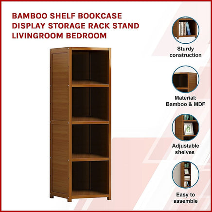 Bamboo 4-Shelf Bookcase – Adjustable Display Storage Rack Stand for Living Room, Bedroom, Office or Home Organisation Baby & Kids Kings Warehouse 