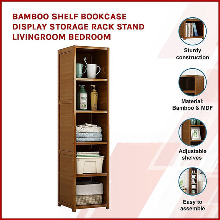 Bamboo 5-Shelf Bookcase – Tall Display Storage Rack Stand for Living Room, Bedroom, Office or Home Organisation Furniture Kings Warehouse 