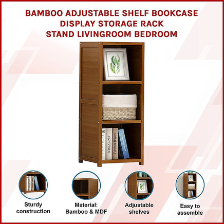 Bamboo Adjustable 3-Shelf Bookcase – Display Storage Rack Stand for Living Room, Bedroom, Office or Home Décor Furniture Kings Warehouse 