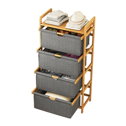 Bamboo Shelf with Storage Hamper – Wooden Organiser with 4 Removable Laundry Bags Furniture Kings Warehouse 