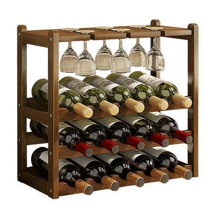 Bamboo Wine Rack Free Standing 15 Bottles with 6 Glasses Holder Storage in Dark Brown Furniture Kings Warehouse 