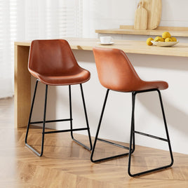 Bar Stools Kitchen Counter Barstools Leather Metal Chairs Brown x2 Furniture Kings Warehouse 