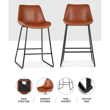 Bar Stools Kitchen Counter Barstools Leather Metal Chairs Brown x2 Furniture Kings Warehouse 