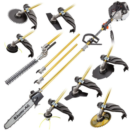 BAUMR-AG 65cc 9in1 Long Reach Garden Multi-tool, Pole Saw, Hedge & Line Trimmer, Brush Cutter, 12" Tree Trimming Pruning Chainsaw Bar, 2 Extension Shafts Tools Kings Warehouse 