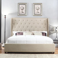 Bed Frame Queen Size in Beige Fabric Upholstered French Provincial High Bedhead Furniture Kings Warehouse 