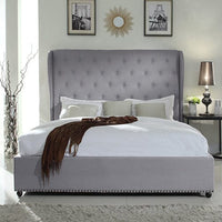 Bed Frame Queen Size in Grey Fabric Upholstered French Provincial High Bedhead Furniture Kings Warehouse 