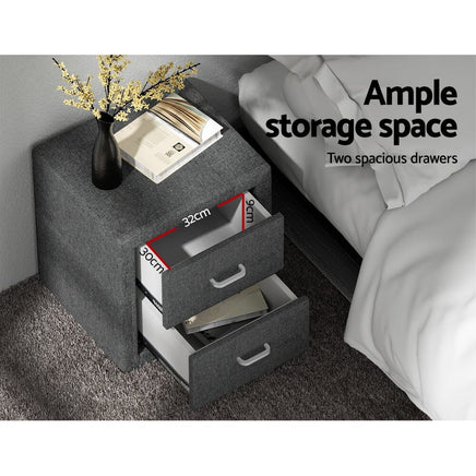 Bedside Table 2 Drawers Fabric - CADEN Grey Furniture Kings Warehouse 